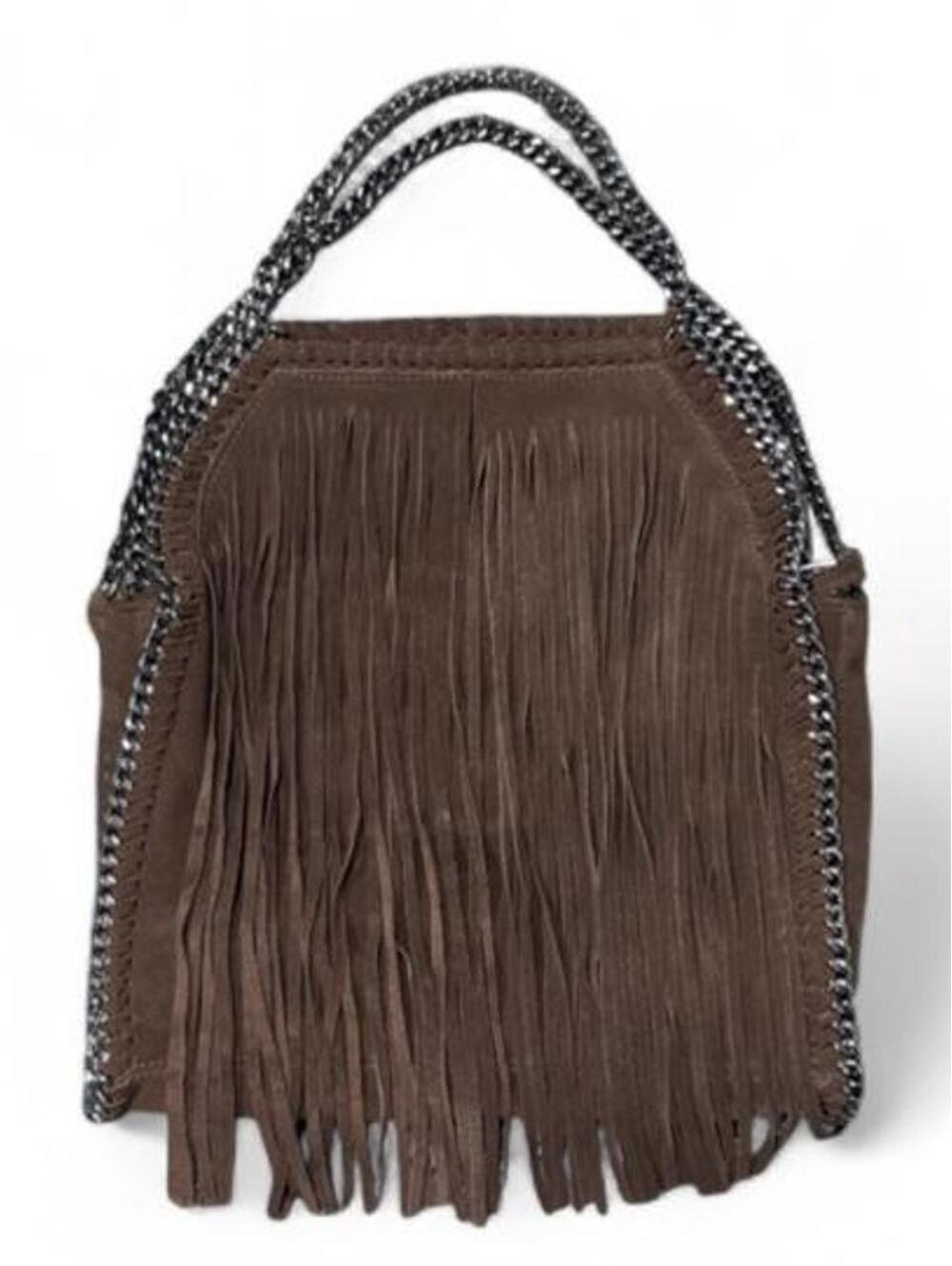 Brown Suede Leather Fringe Shoulder Bag with Removable Chain